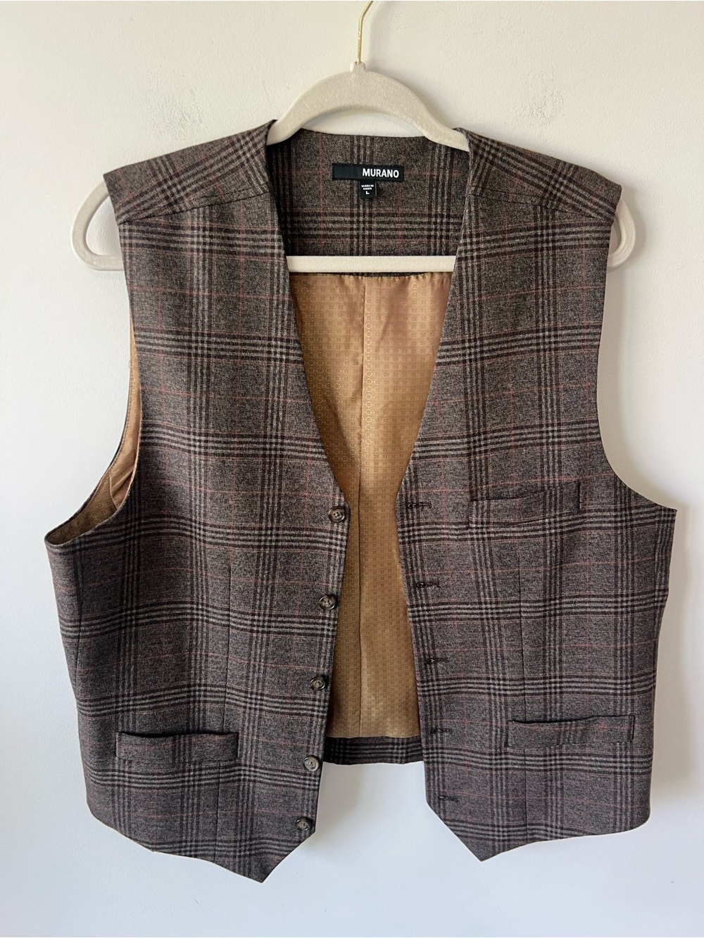 Murano Brown Plaid Button Front Vest Paisley Back Design